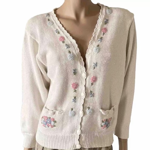 Huntington Ridge Sweaters - Vtg Sweater Floral Embroidered Knit Button Up Cardigan Huntington Ridge Ramie